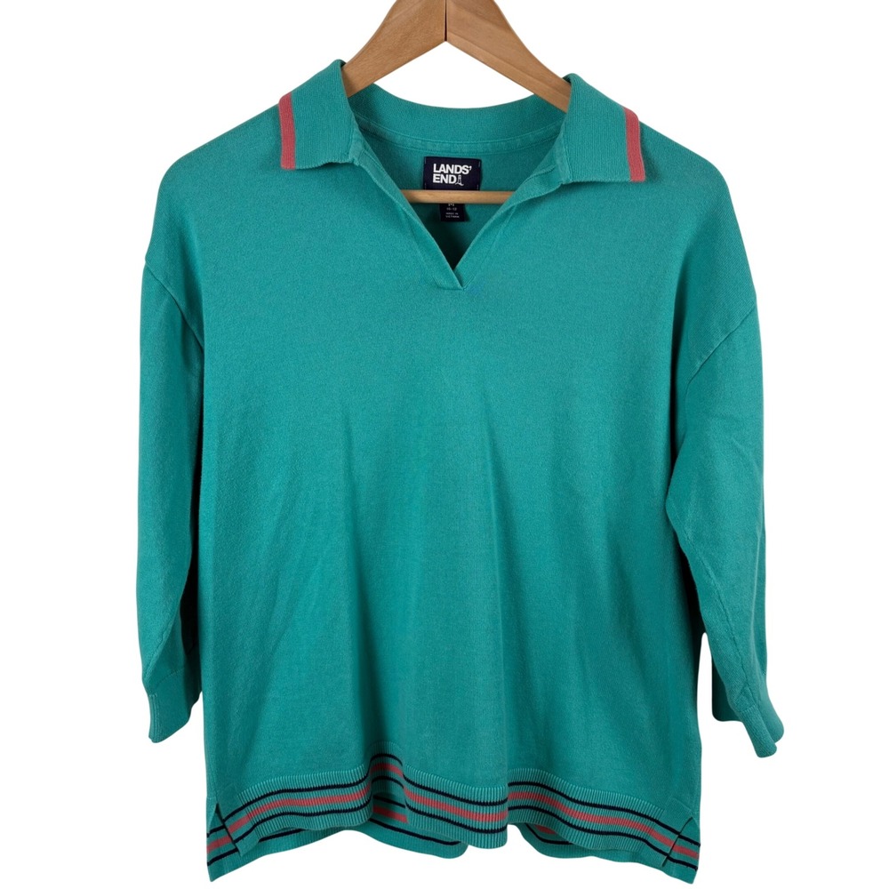 Lands End Polo Sweater Women's M Teal 100% Cotton 3/4 Sleeve Striped Trim Preppy